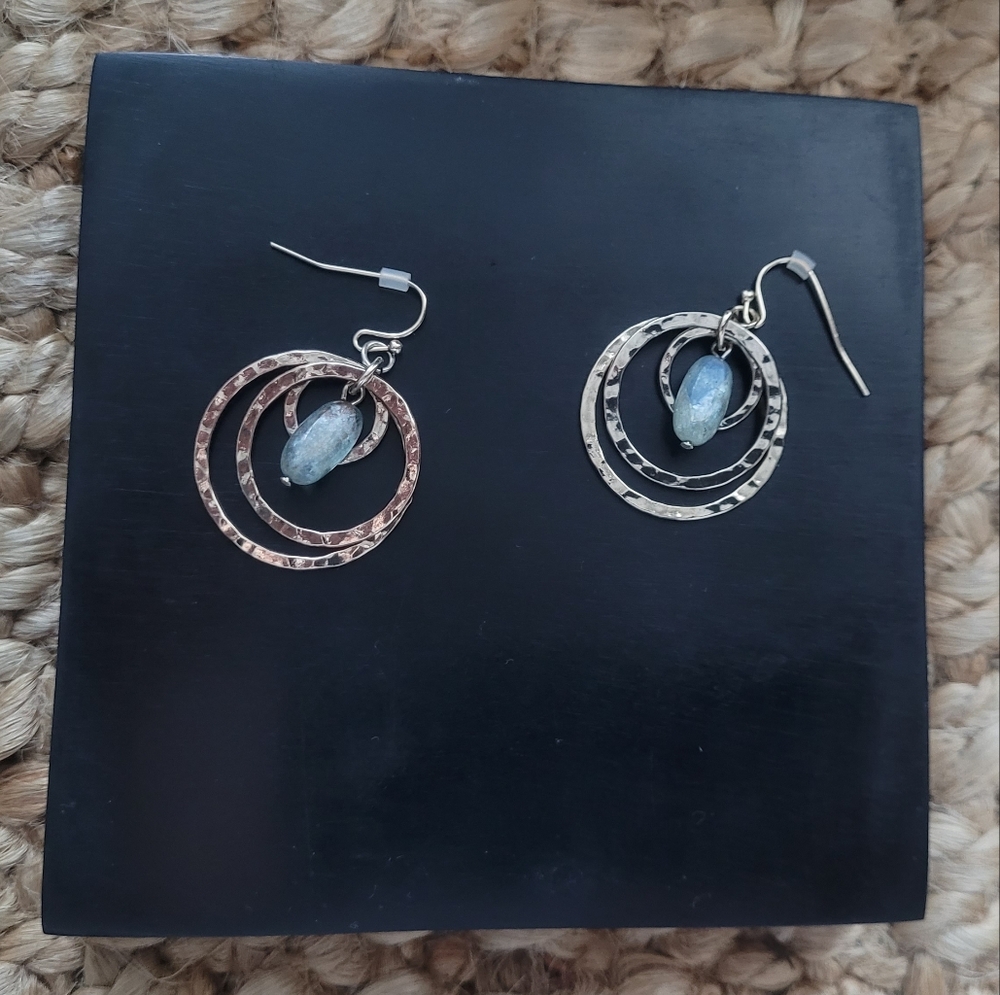 Hammered Metal Gold Tone Triple Hoops with Aquamarine Center Stone